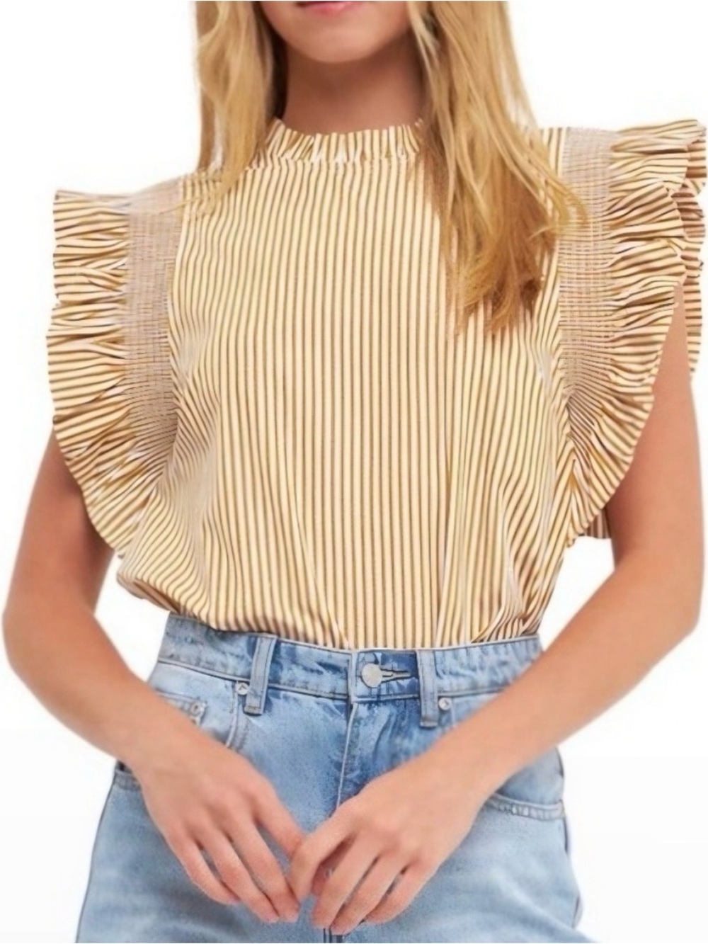 English Factory Mustard Striped Ruffle Sleeve Poplin Top Size XS Preppy